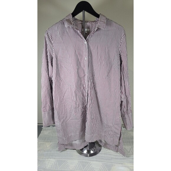 J. Jill Women’s Button Down Shirt Size M Burgundy White Striped Cotton Silk - Picture 1 of 11